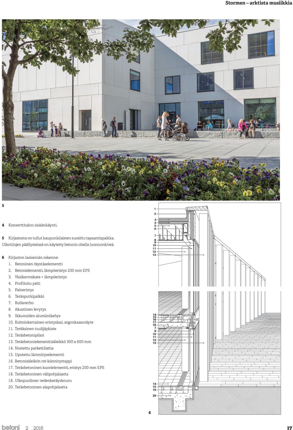 Ikkunoiden alumiinikehys 10. Kolminkertainen eristyslasi, argonkaasutäyte 11. Teräksinen tuulijäykiste 12. Teräsbetonipilari 13. Teräsbetonielementtisäleikkö 300 x 600 mm 14.