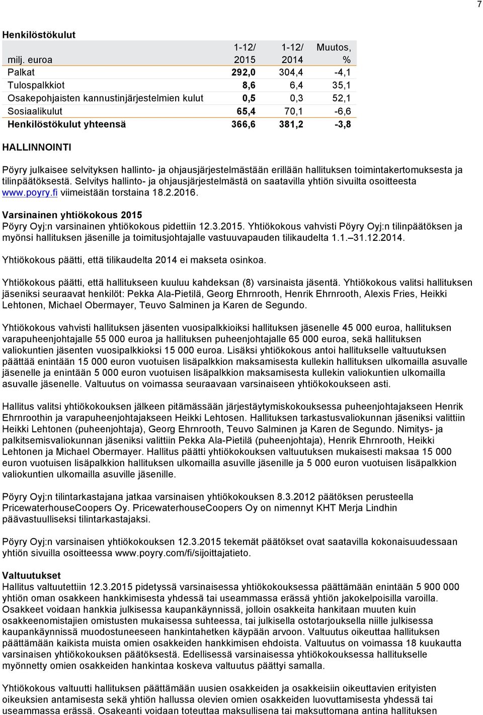 HALLINNOINTI Pöyry julkaisee selvityksen hallinto- ja ohjausjärjestelmästään erillään hallituksen toimintakertomuksesta ja tilinpäätöksestä.