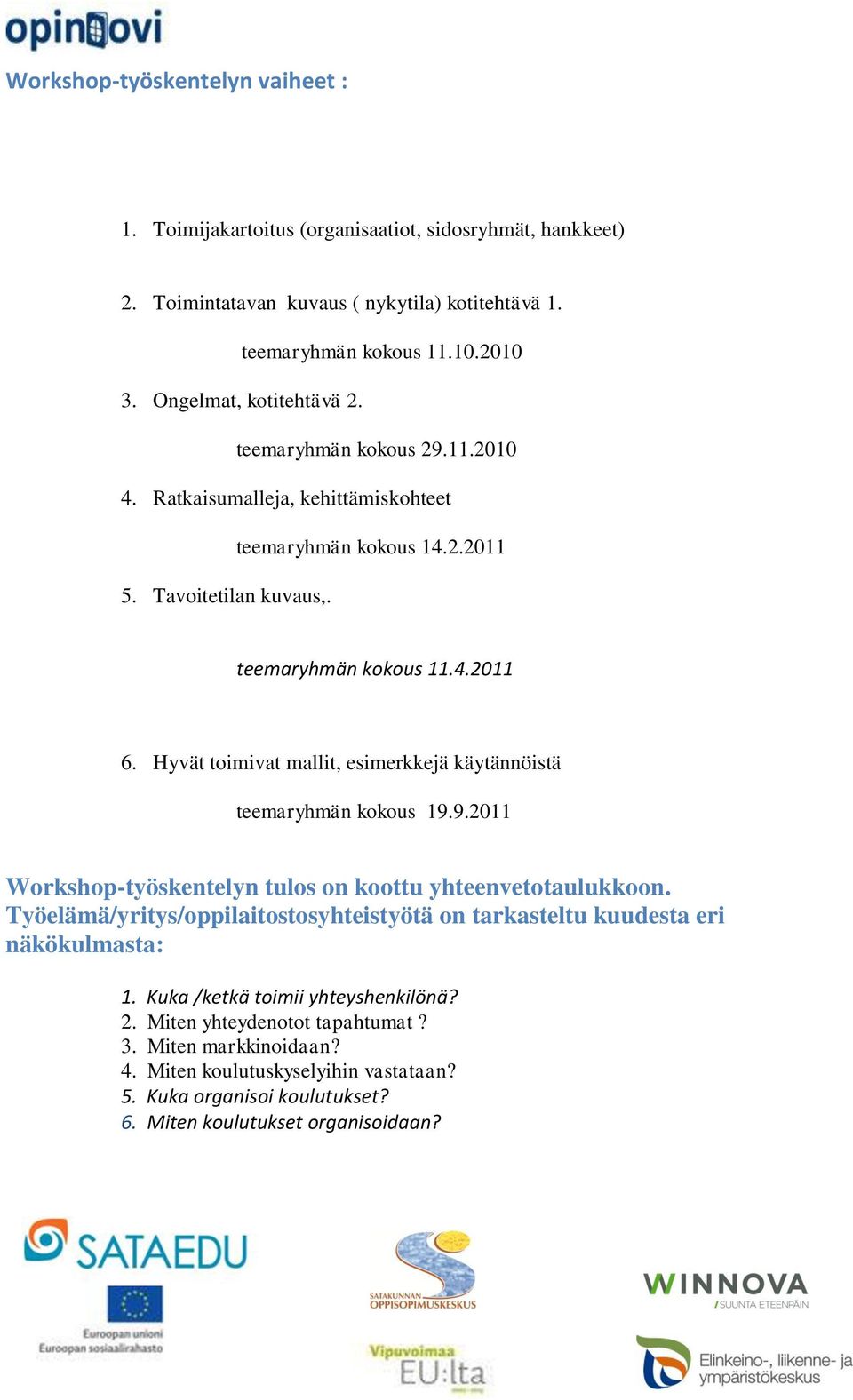 Hyvät toimivat mallit, esimerkkejä käytännöistä teemaryhmän kokous 19.9.2011 Workshop-työskentelyn tulos on koottu yhteenvetotaulukkoon.