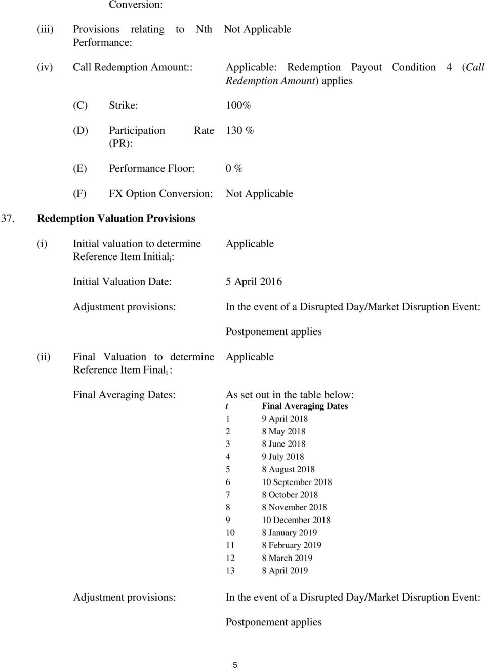 Redemption Valuation Provisions (i) Initial valuation to determine Reference Item Initial i : Applicable Initial Valuation Date: 5 April 2016 Adjustment provisions: In the event of a Disrupted