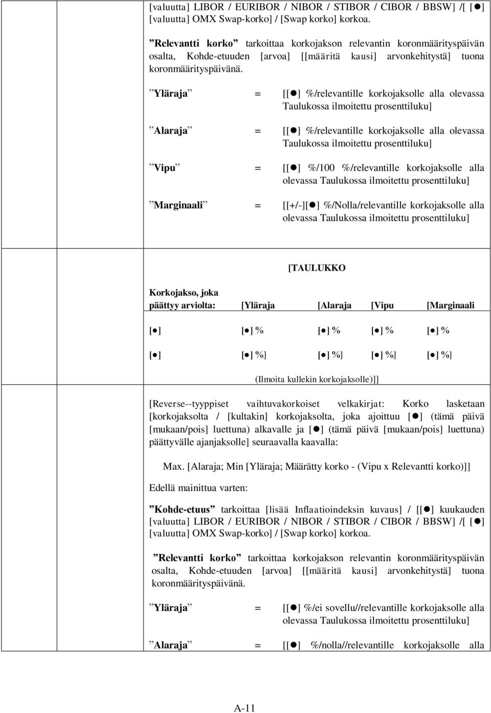 Yläraja = [[ ] %/relevantille korkojaksolle alla olevassa Taulukossa ilmoitettu prosenttiluku] Alaraja = [[ ] %/relevantille korkojaksolle alla olevassa Taulukossa ilmoitettu prosenttiluku] Vipu = [[