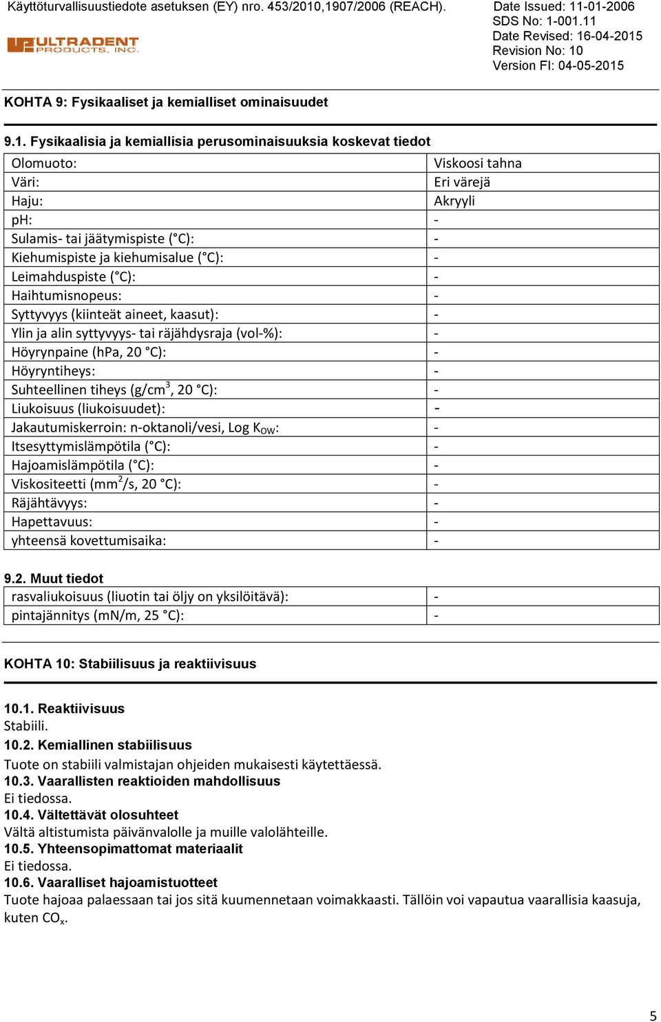 värejä Haju: Akryyli ph: Sulamis tai jäätymispiste ( C): Kiehumispiste ja kiehumisalue ( C): Leimahduspiste ( C): Haihtumisnopeus: Syttyvyys (kiinteät aineet, kaasut): Ylin ja alin syttyvyys tai