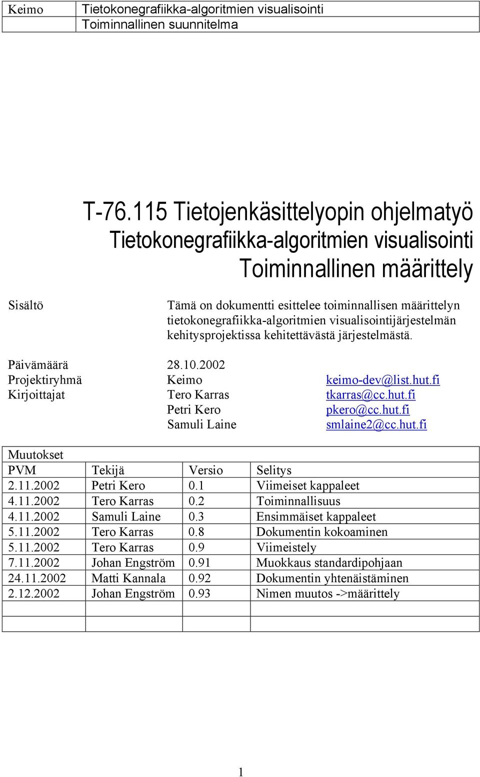 hut.fi Muutokset PVM Tekijä Versio Selitys 2.11.2002 Petri Kero 0.1 Viimeiset kappaleet 4.11.2002 Tero Karras 0.2 Toiminnallisuus 4.11.2002 Samuli Laine 0.3 Ensimmäiset kappaleet 5.11.2002 Tero Karras 0.8 Dokumentin kokoaminen 5.