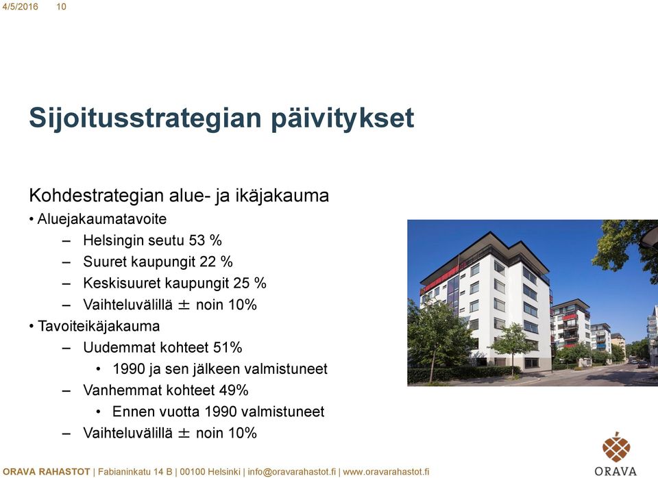 % Vaihteluvälillä ± noin 10% Tavoiteikäjakauma Uudemmat kohteet 51% 1990 ja sen