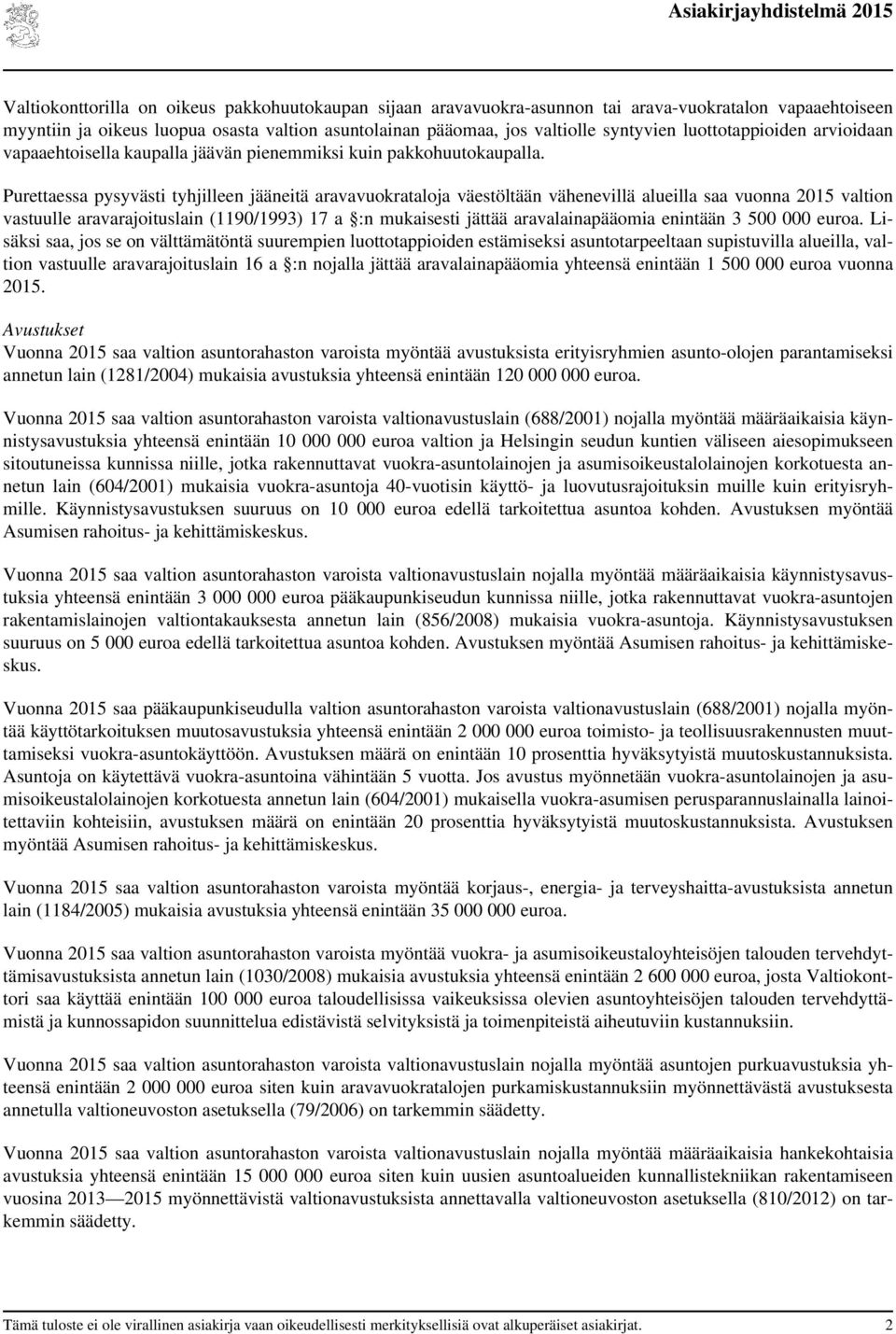 Purettaessa pysyvästi tyhjilleen jääneitä aravavuokrataloja väestöltään vähenevillä alueilla saa vuonna 2015 valtion vastuulle aravarajoituslain (1190/1993) 17 a :n mukaisesti jättää