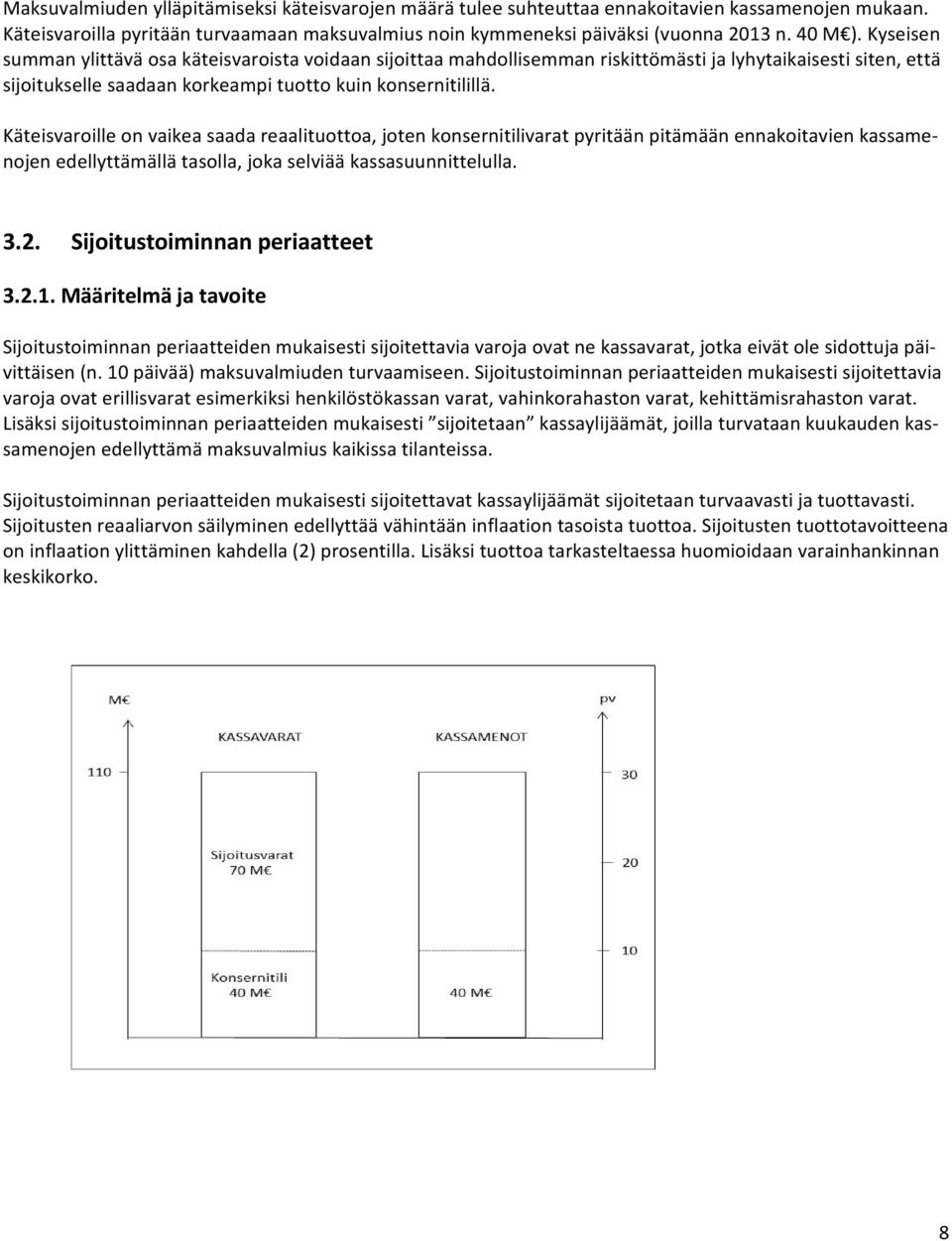 Käteisvaroille on vaikea saada reaalituottoa, joten konsernitilivarat pyritään pitämään ennakoitavien kassamenojen edellyttämällä tasolla, joka selviää kassasuunnittelulla. 3.2.