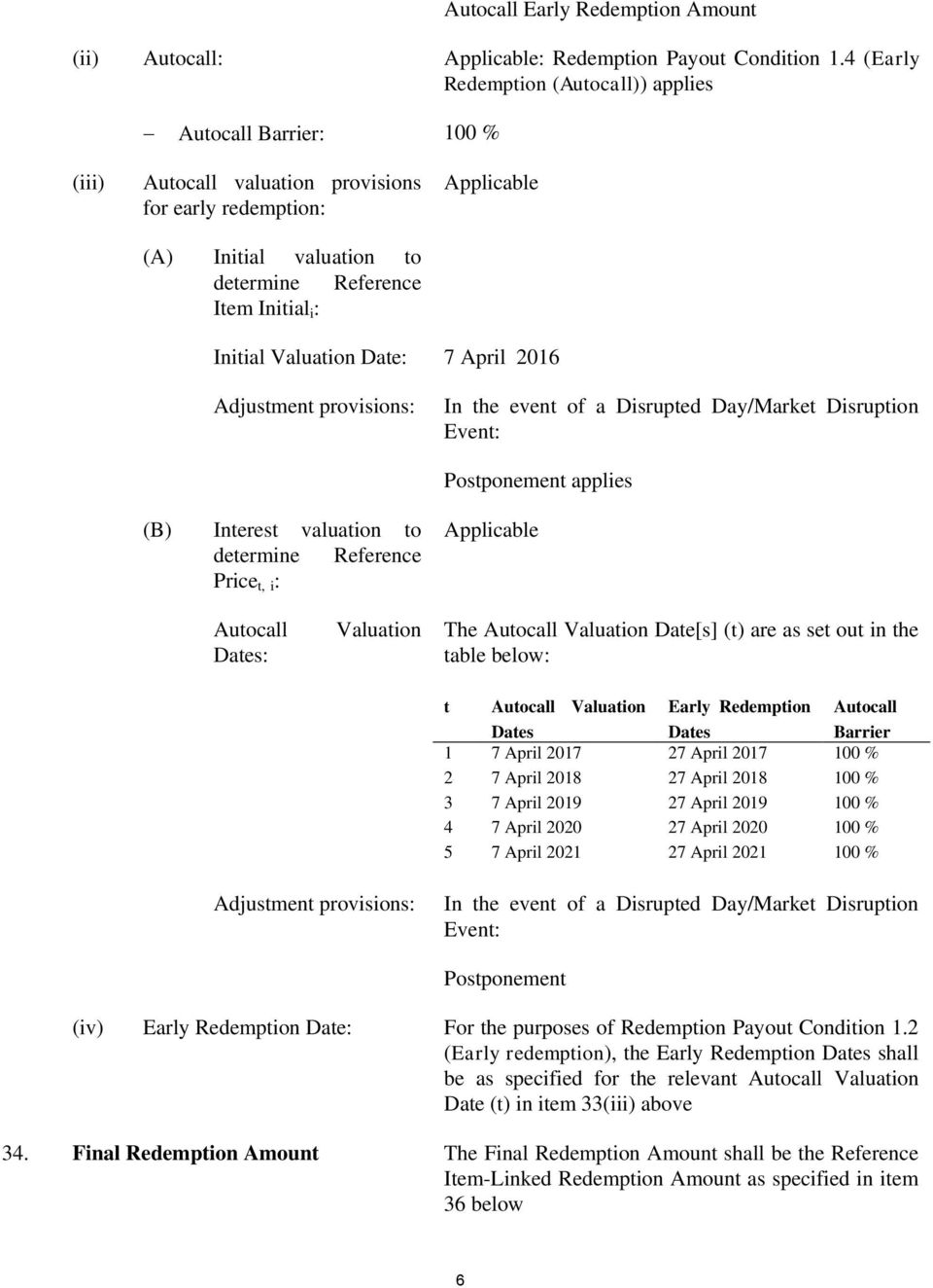 Initial Valuation Date: 7 April 2016 Adjustment provisions: In the event of a Disrupted Day/Market Disruption Event: Postponement applies (B) Interest valuation to determine Reference Price t, i :