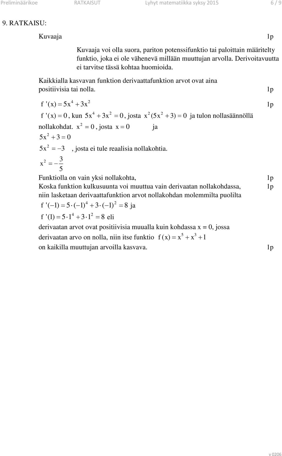 Kaikkialla kasvavan funktion derivaattafunktion arvot ovat aina positiivisia tai nolla. f '( x) + 4 = 5x x 4 f '( x) = 0, kun 5x + x = 0, josta x (5x + ) = 0 ja tulon nollasäännöllä nollakohdat.