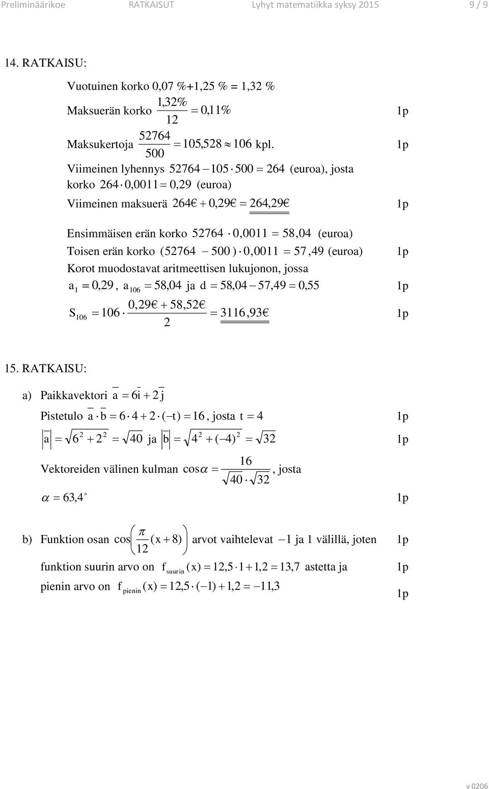 0,00 = 57, 49 (euroa) Korot muodostavat aritmeettisen lukujonon, jossa a = 0,9, a = 58, 06 04 ja d = 58,04 57,49 = 0, 55 0,9 + 58,5 S06 = 06 = 6,9 5.