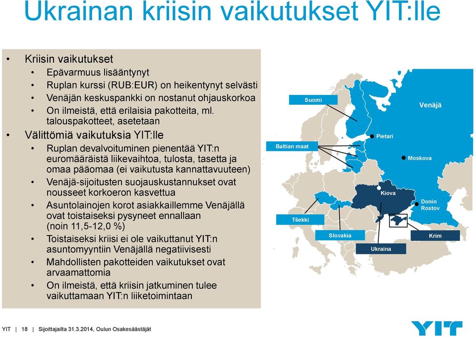 talouspakotteet, asetetaan Välittömiä vaikutuksia YIT:lle Ruplan devalvoituminen pienentää YIT:n euromääräistä liikevaihtoa, tulosta, tasetta ja omaa pääomaa (ei vaikutusta kannattavuuteen)