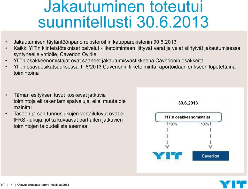 2013 Kaikki YIT:n kiinteistötekniset palvelut -liiketoimintaan liittyvät varat ja velat siirtyivät jakautumisessa syntyneelle yhtiölle, Caverion Oyj:lle YIT:n osakkeenomistajat ovat saaneet