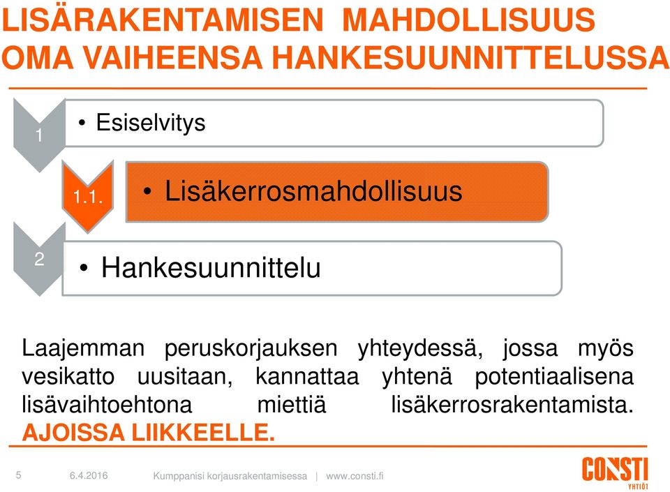 1. Lisäkerrosmahdollisuus 2 Hankesuunnittelu Laajemman peruskorjauksen