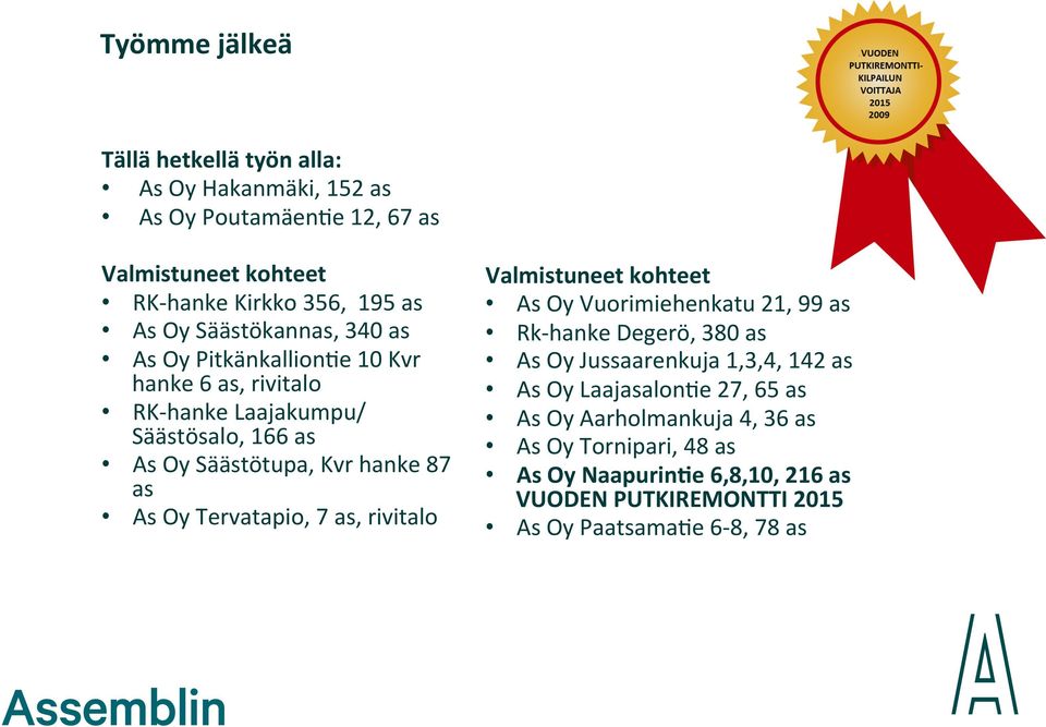 Tervatapio, 7 as, rivitalo Valmistuneet kohteet As Oy Vuorimiehenkatu 21, 99 as Rk-hanke Degerö, 380 as As Oy Jussaarenkuja 1,3,4, 142 as As Oy