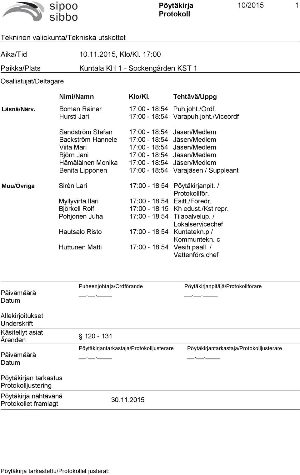 Sandström Stefan 17:00-18:54 Jäsen/Medlem Backström Hannele 17:00-18:54 Jäsen/Medlem Viita Mari 17:00-18:54 Jäsen/Medlem Björn Jani 17:00-18:54 Jäsen/Medlem Hämäläinen Monika 17:00-18:54 Jäsen/Medlem