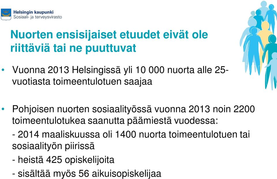 noin 2200 toimeentulotukea saanutta päämiestä vuodessa: - 2014 maaliskuussa oli 1400 nuorta