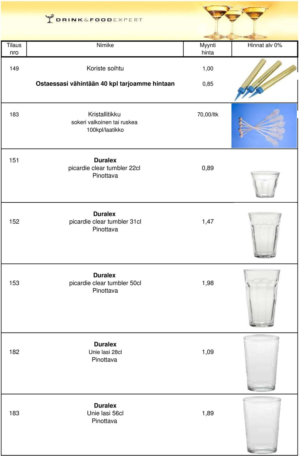 100kpl/laatikko 151 picardie clear tumbler 22cl 0,89 152 picardie clear tumbler