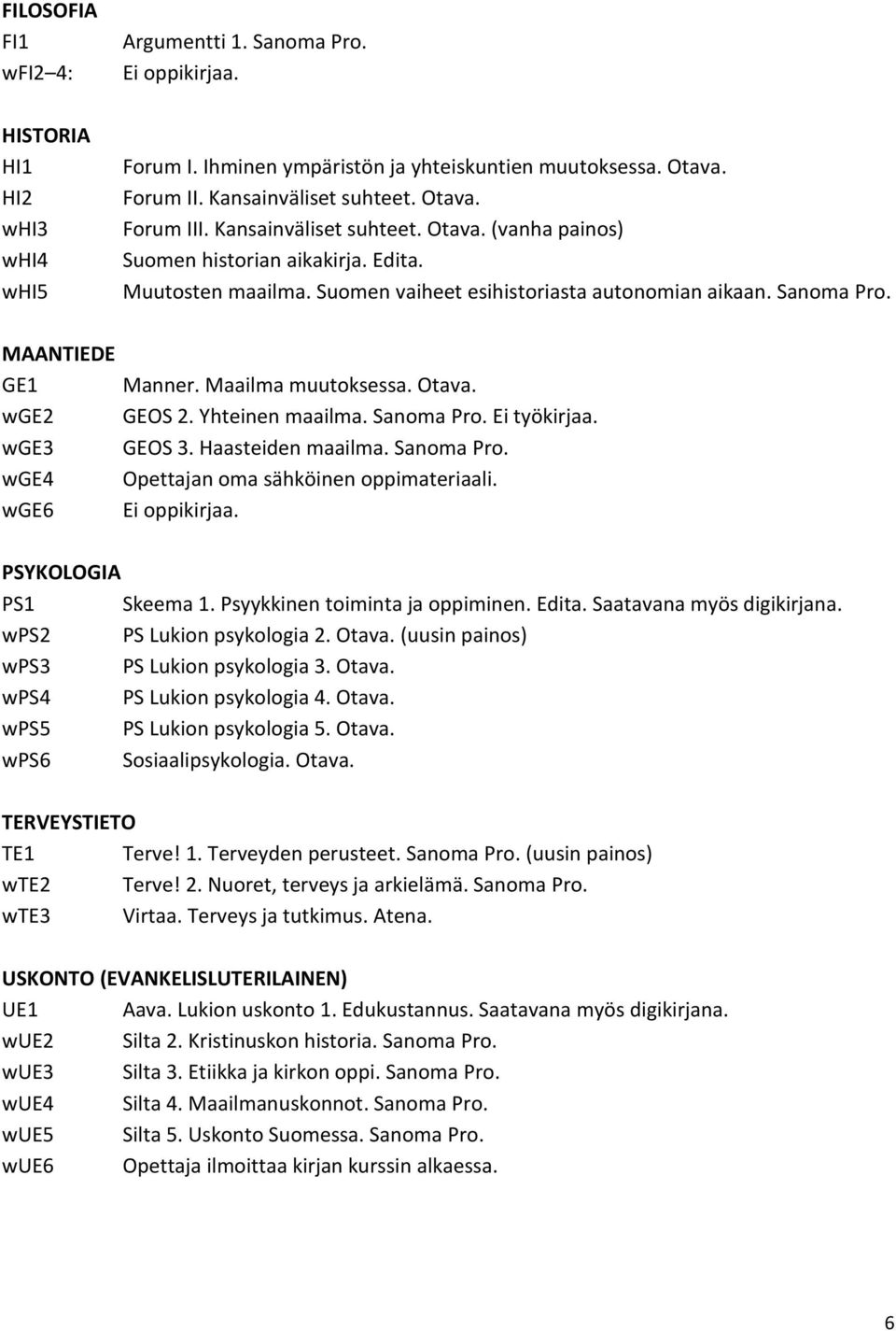 Maailma muutoksessa. Otava. wge2 GEOS 2. Yhteinen maailma. Sanoma Pro. Ei työkirjaa. wge3 GEOS 3. Haasteiden maailma. Sanoma Pro. wge4 Opettajan oma sähköinen oppimateriaali. wge6 Ei oppikirjaa.