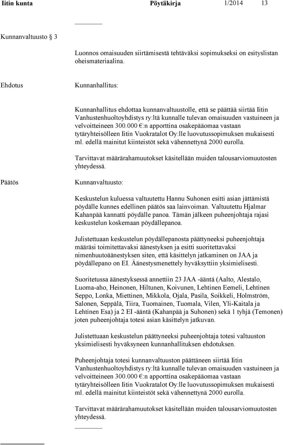 000 :n apporttina osakepääomaa vastaan tytäryhteisölleen Iitin Vuokratalot Oy:lle luovutussopimuksen mukaisesti ml. edellä mainitut kiinteistöt sekä vähennettynä 2000 eurolla.