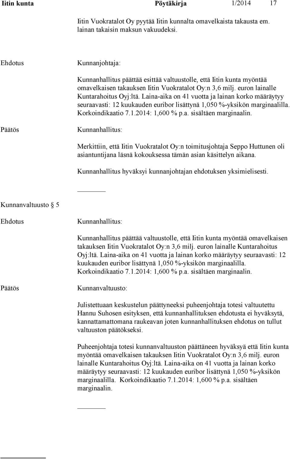 Laina-aika on 41 vuotta ja lainan korko määräytyy seuraavasti: 12 kuukauden euribor lisättynä 1,050 %-yksikön marginaalilla. Korkoindikaatio 7.1.2014: 1,600 % p.a. sisältäen marginaalin.