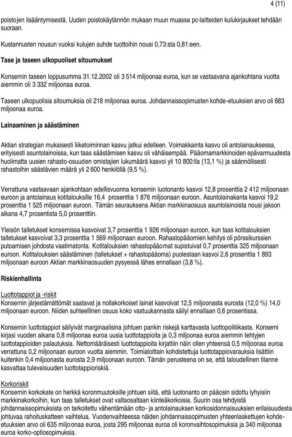 4 (11) Taseen ulkopuolisia sitoumuksia oli 218 miljoonaa euroa. Johdannaissopimusten kohde-etuuksien arvo oli 683 miljoonaa euroa.