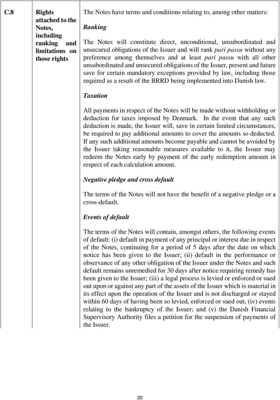 unsecured obligations of the Issuer, present and future save for certain mandatory exceptions provided by law, including those required as a result of the BRRD being implemented into Danish law.