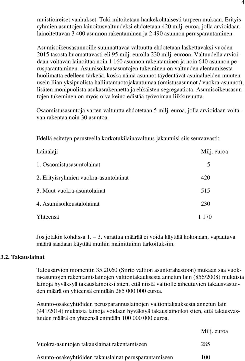 Asumisoikeusasunnoille suunnattavaa valtuutta ehdotetaan laskettavaksi vuoden 2015 tasosta huomattavasti eli 95 milj. eurolla 230 milj. euroon.