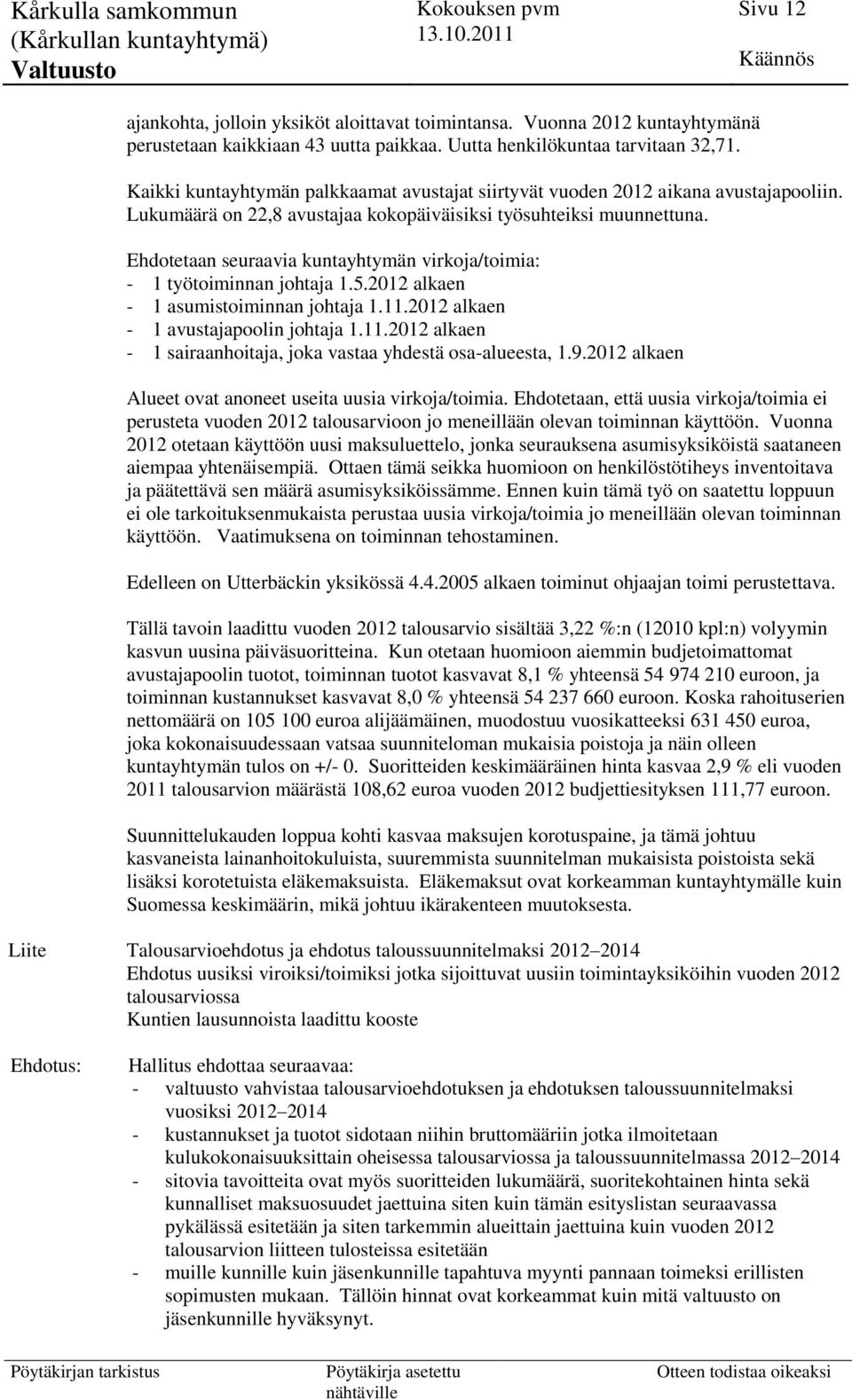 Ehdotetaan seuraavia kuntayhtymän virkoja/toimia: - 1 työtoiminnan johtaja 1.5.2012 alkaen - 1 asumistoiminnan johtaja 1.11.2012 alkaen - 1 avustajapoolin johtaja 1.11.2012 alkaen - 1 sairaanhoitaja, joka vastaa yhdestä osa-alueesta, 1.