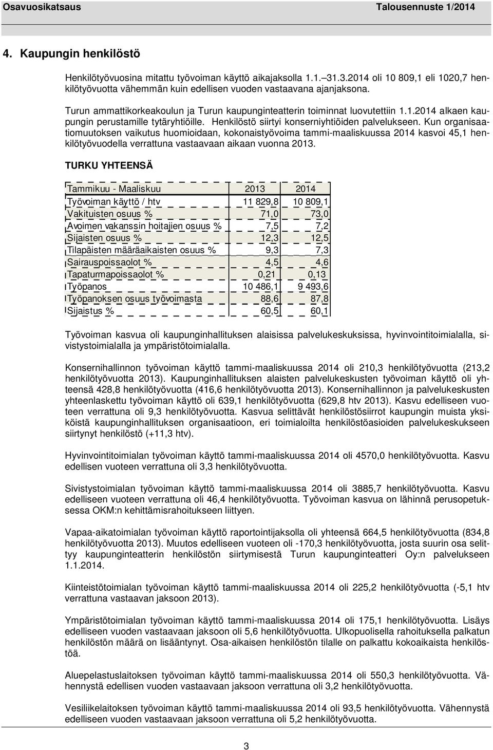 Kun organisaatiomuutoksen vaikutus huomioidaan, kokonaistyövoima tammi-maaliskuussa 2014 kasvoi 45,1 henkilötyövuodella verrattuna vastaavaan aikaan vuonna 2013.