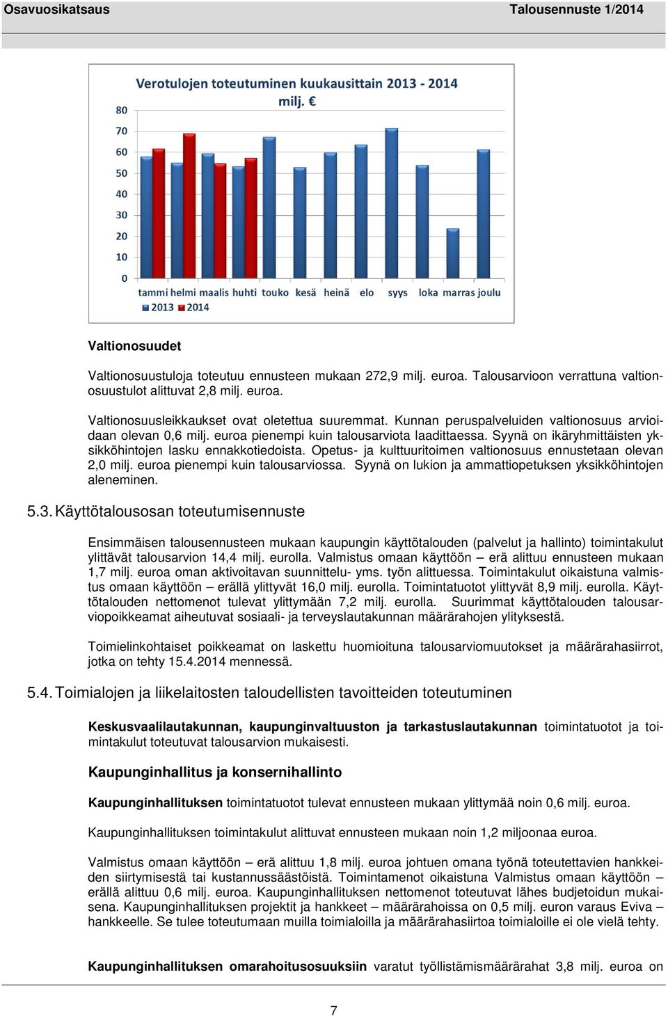 Opetus- ja kulttuuritoimen valtionosuus ennustetaan olevan 2,0 milj. euroa pienempi kuin talousarviossa. Syynä on lukion ja ammattiopetuksen yksikköhintojen aleneminen. 5.3.