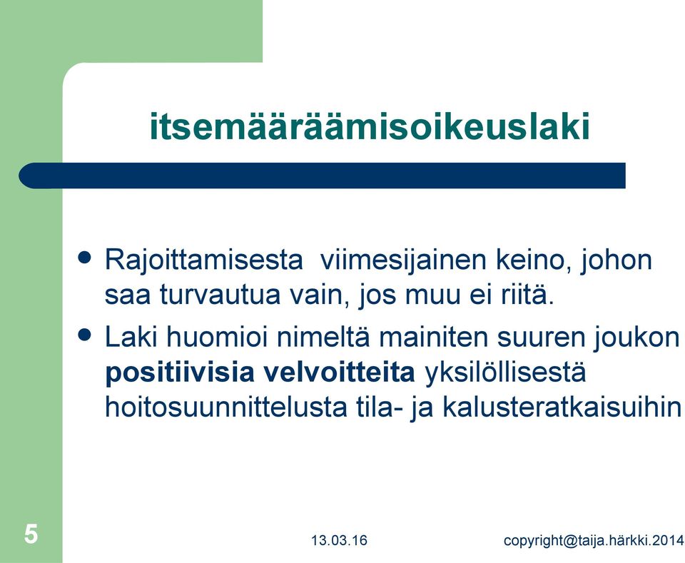 Laki huomioi nimeltä mainiten suuren joukon positiivisia velvoitteita