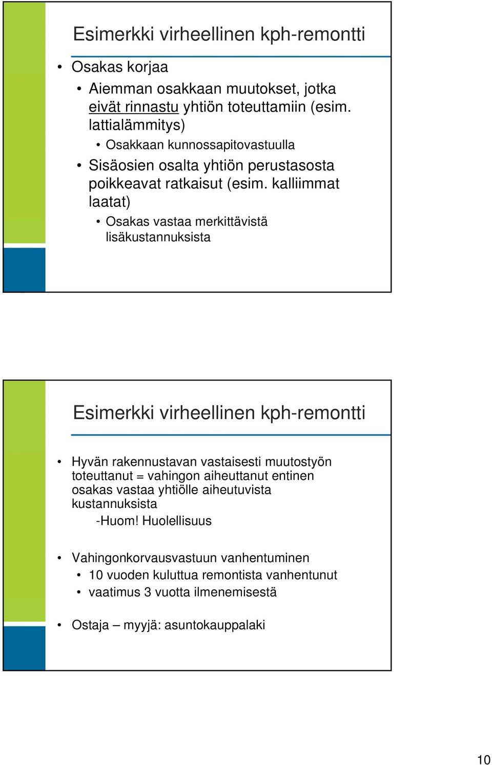 kalliimmat laatat) Osakas vastaa merkittävistä lisäkustannuksista Esimerkki virheellinen kph-remontti Hyvän rakennustavan vastaisesti muutostyön toteuttanut =