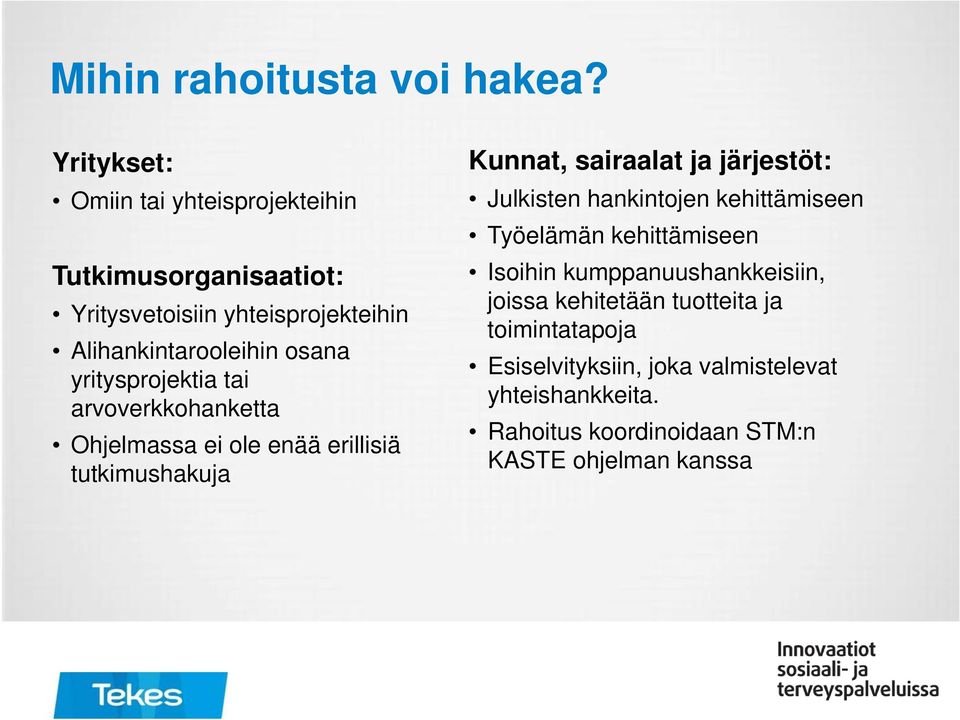 yritysprojektia tai arvoverkkohanketta Ohjelmassa ei ole enää erillisiä tutkimushakuja Kunnat, sairaalat ja järjestöt: