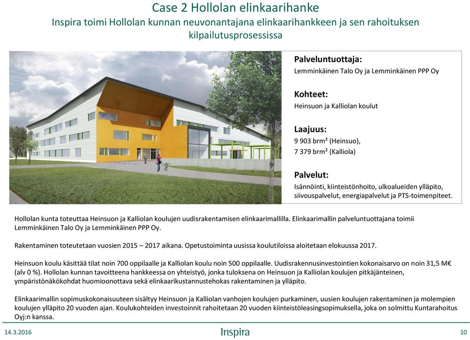 PTS-toimenpiteet. Hollolan kunta toteuttaa Heinsuon ja Kalliolan koulujen uudisrakentamisen elinkaarimallilla. Elinkaarimallin palveluntuottajana toimii Lemminkäinen Talo Oy ja Lemminkäinen PPP Oy.