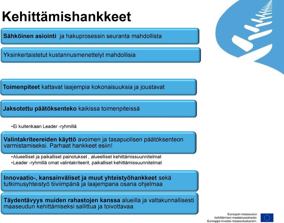 Alueelliset ja paikalliset painotukset, alueelliset kehittämissuunnitelmat Leader -ryhmillä omat valintakriteerit, paikalliset kehittämissuunnitelmat Innovaatio-, kansainväliset ja muut