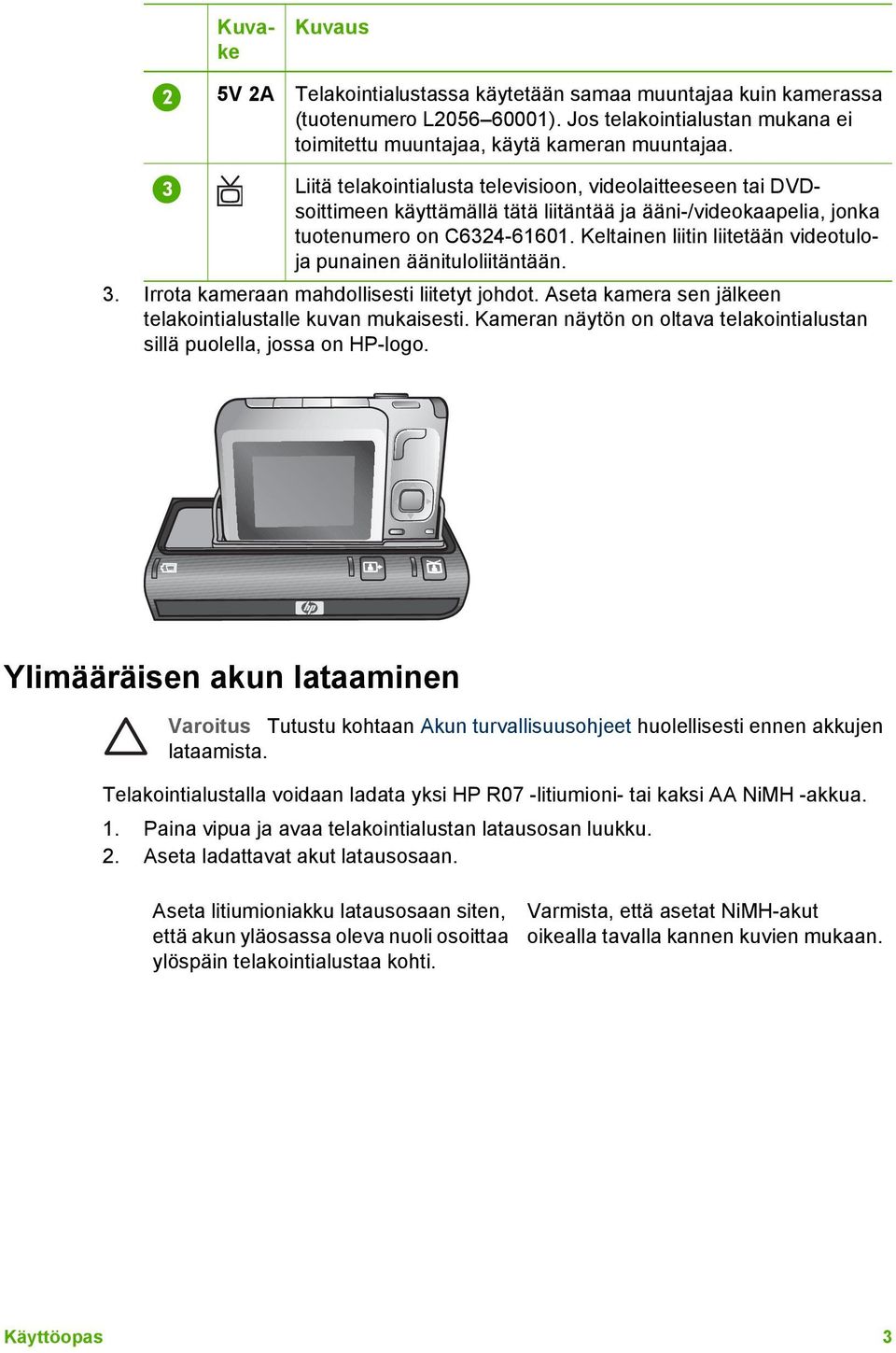 Keltainen liitin liitetään videotuloja punainen äänituloliitäntään. 3. Irrota kameraan mahdollisesti liitetyt johdot. Aseta kamera sen jälkeen telakointialustalle kuvan mukaisesti.