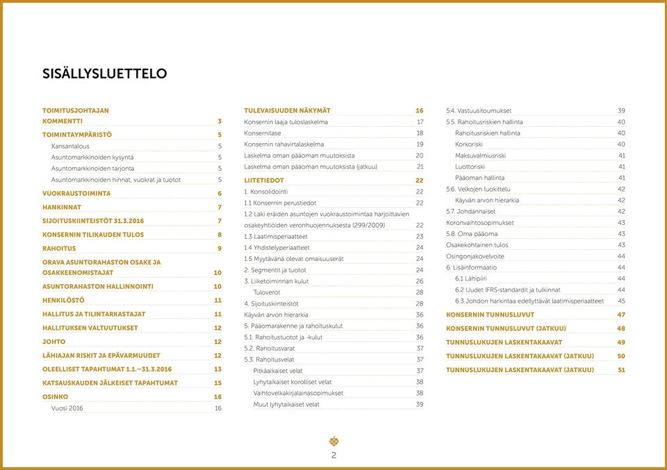 .3.2016 7 KONSERNIN TILIKAUDEN TULOS 8 RAHOITUS 9 ORAVA ASUNTORAHASTON OSAKE JA OSAKKEENOMISTAJAT 10 ASUNTORAHASTON HALLINNOINTI 10 HENKILÖSTÖ 11 HALLITUS JA TILINTARKASTAJAT 11 HALLITUKSEN