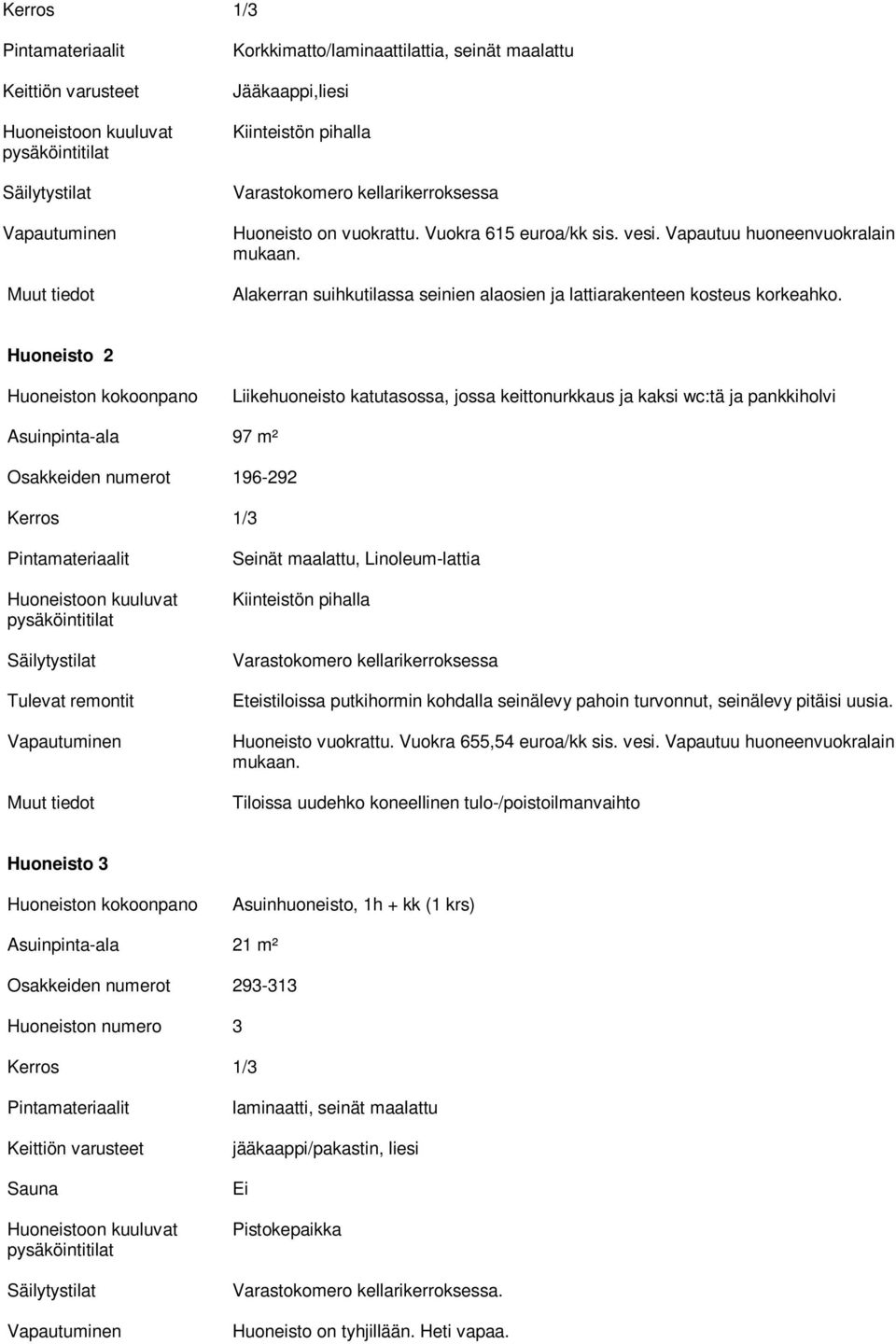 Huoneisto 2 Tulevat remontit Liikehuoneisto katutasossa, jossa keittonurkkaus ja kaksi wc:tä ja pankkiholvi 97 m² 196-292 1/3 Seinät maalattu, Linoleum-lattia Kiinteistön pihalla Eteistiloissa