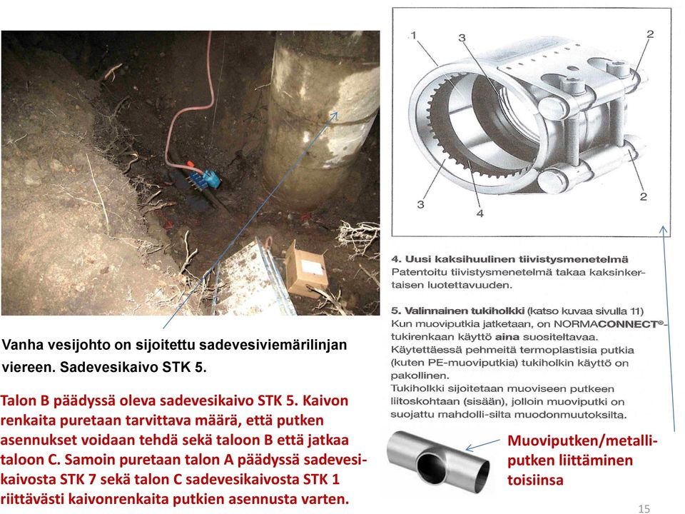 Kaivon renkaita puretaan tarvittava määrä, että putken asennukset voidaan tehdä sekä taloon B että jatkaa