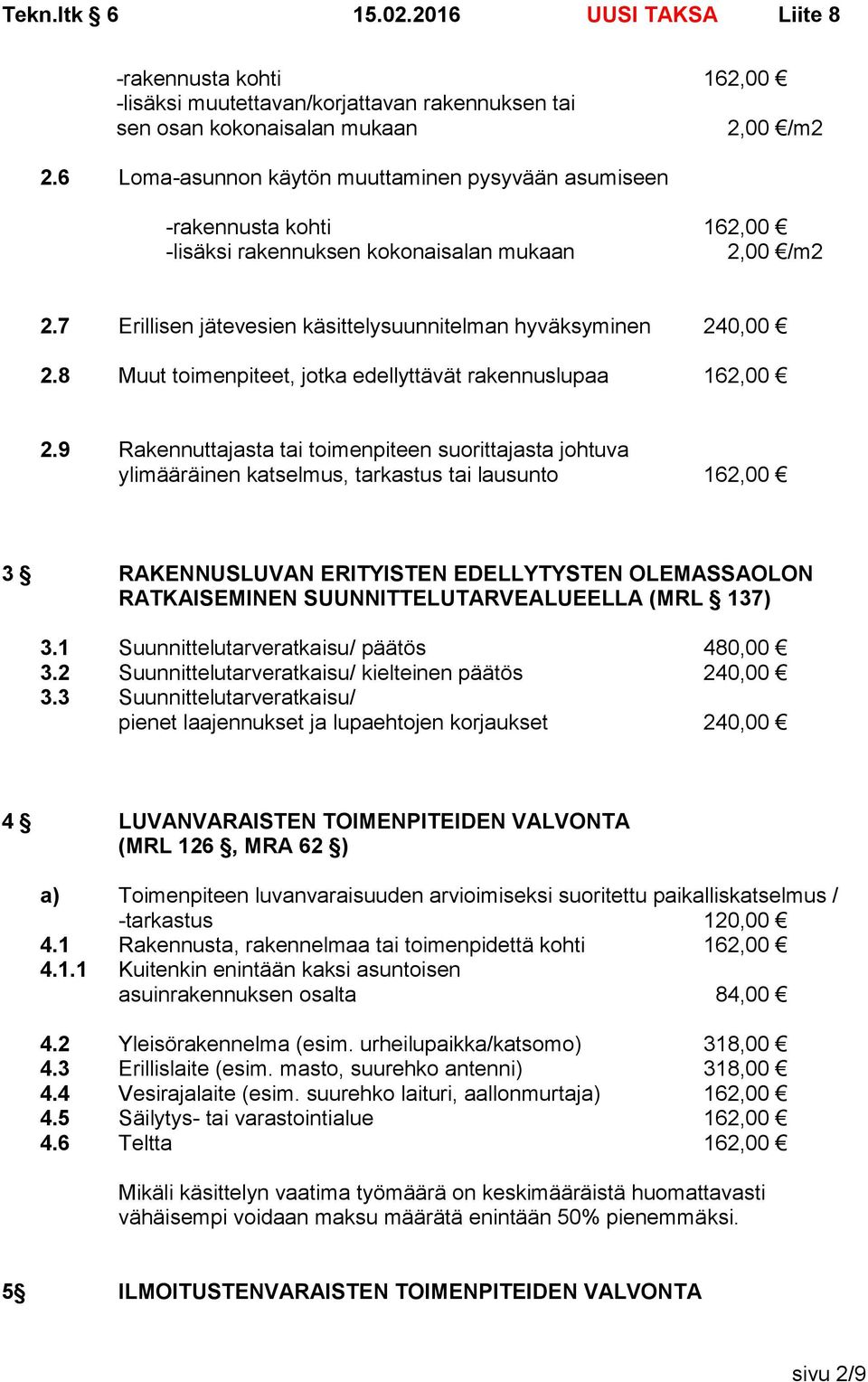 8 Muut toimenpiteet, jotka edellyttävät rakennuslupaa 162,00 2.