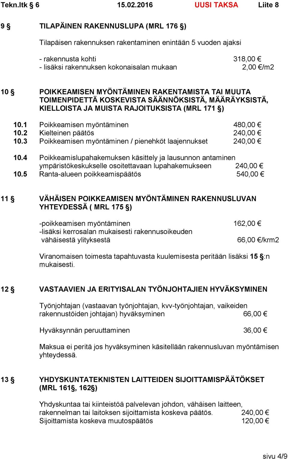 2 Kielteinen päätös 240,00 10.3 Poikkeamisen myöntäminen / pienehköt laajennukset 240,00 10.