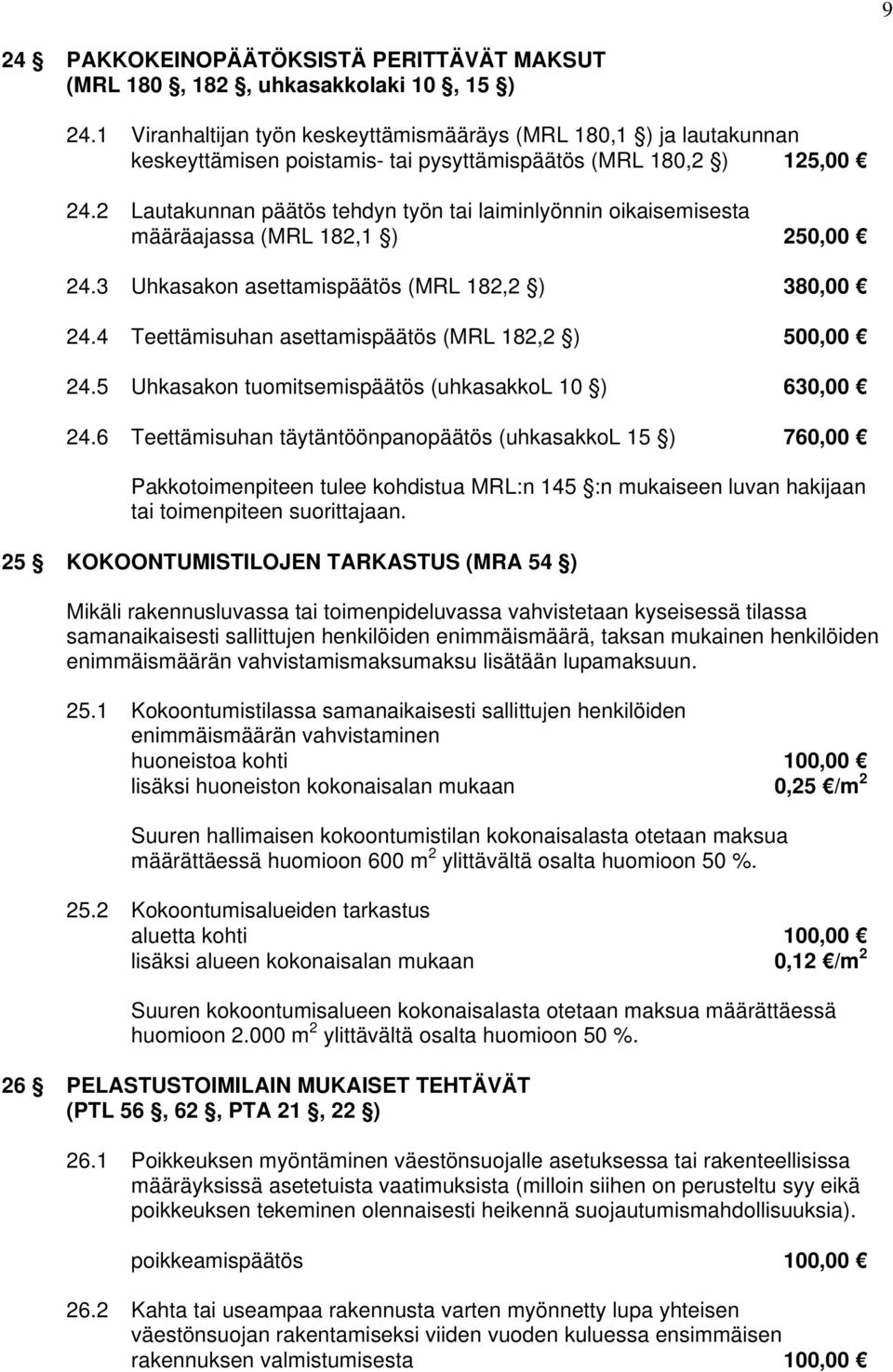 2 Lautakunnan päätös tehdyn työn tai laiminlyönnin oikaisemisesta määräajassa (MRL 182,1 ) 250,00 24.3 Uhkasakon asettamispäätös (MRL 182,2 ) 380,00 24.