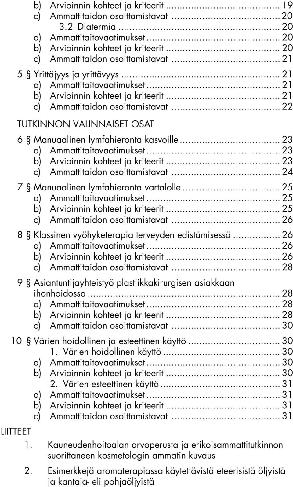 .. 22 TUTKINNON VALINNAISET OSAT 6 Manuaalinen lymfahieronta kasvoille... 23 a) Ammattitaitovaatimukset... 23 b) Arvioinnin kohteet ja kriteerit... 23 c) Ammattitaidon osoittamistavat.