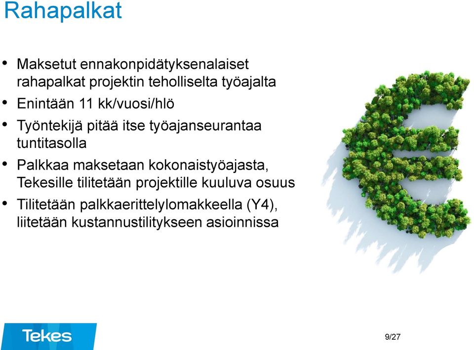 tuntitasolla Palkkaa maksetaan kokonaistyöajasta, Tekesille tilitetään projektille