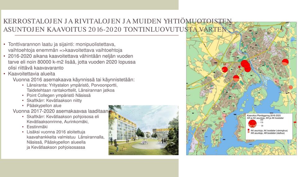 asemakaava käynnissä tai käynnistetään: Länsiranta: Yritystalon ympäristö, Porvoonportti, Taidetehtaan rantakorttelit, Länsirannan jatkoa Point Collegen ympäristö Näsissä Skaftkärr: Kevätlaakson