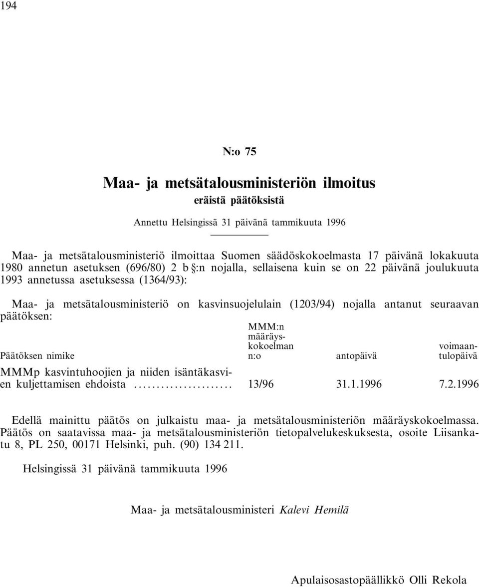 (1203/94) nojalla antanut seuraavan päätöksen: MMM:n määräyskokoelman voimaan- Päätöksen nimike n:o antopäivä tulopäivä MMMp kasvintuhoojien ja niiden isäntäkasvien kuljettamisen ehdoista... 13/96 31.