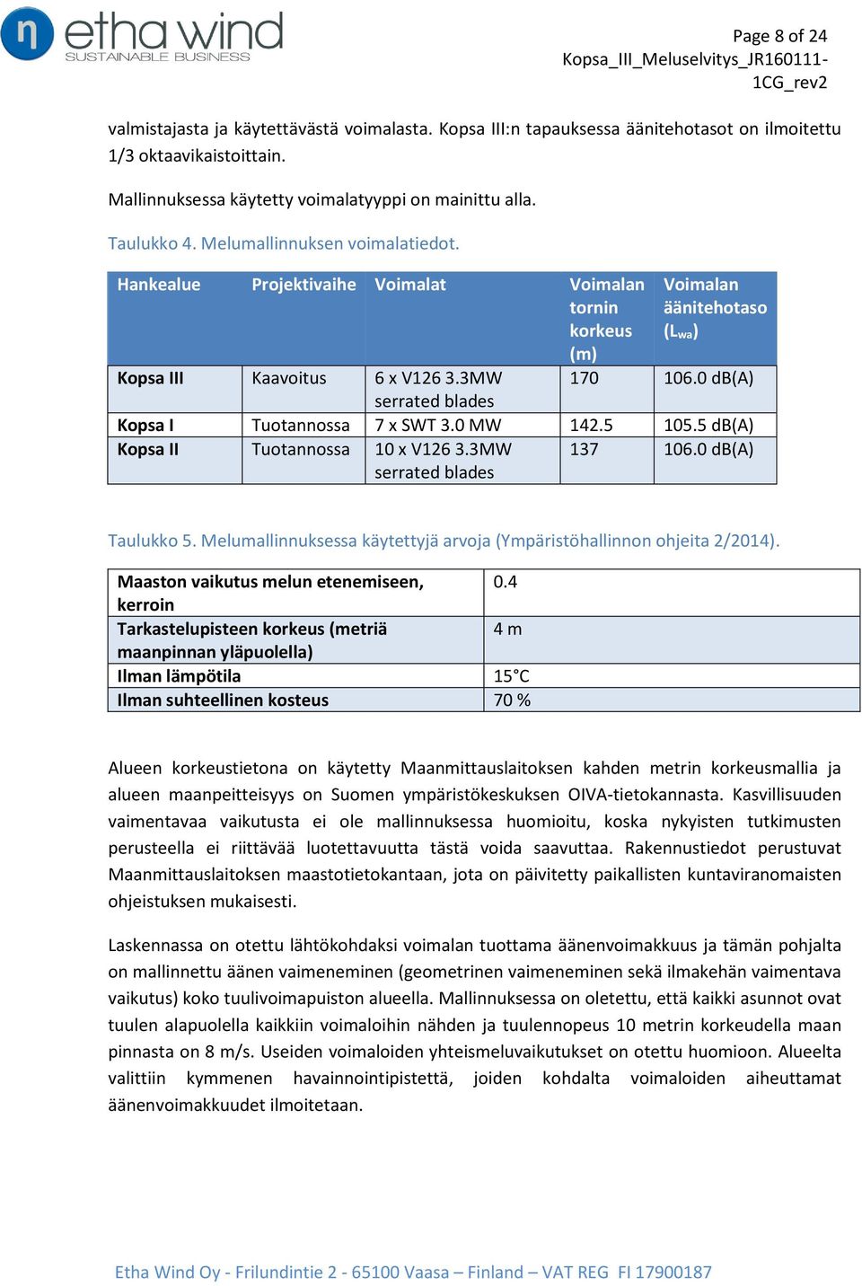 0 db(a) Kopsa I Tuotannossa 7 x SWT 3.0 MW 142.5 105.5 db(a) Kopsa II Tuotannossa 10 x V126 3.3MW 137 106.0 db(a) serrated blades Taulukko 5.