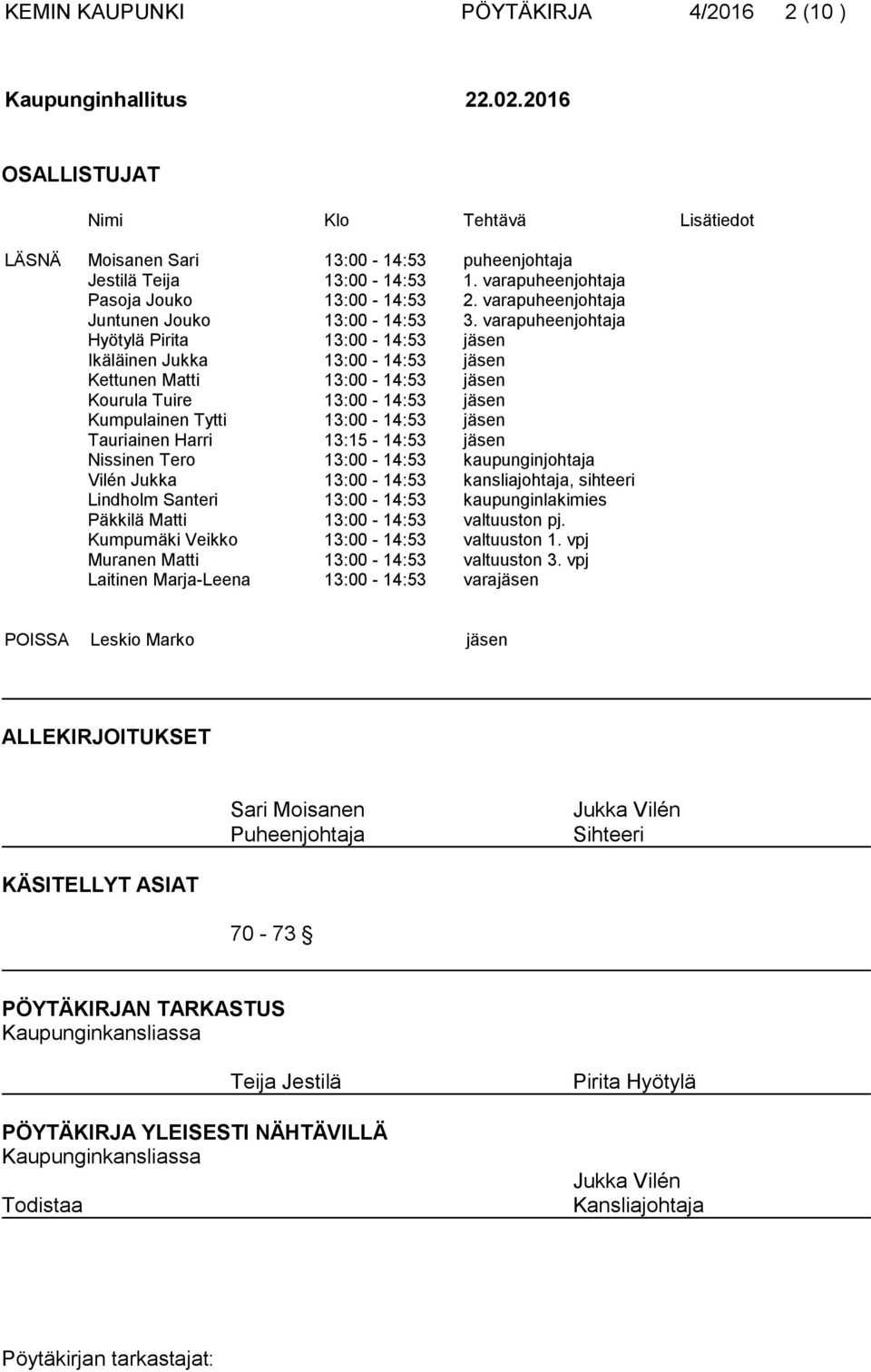 varapuheenjohtaja Hyötylä Pirita 13:00-14:53 jäsen Ikäläinen Jukka 13:00-14:53 jäsen Kettunen Matti 13:00-14:53 jäsen Kourula Tuire 13:00-14:53 jäsen Kumpulainen Tytti 13:00-14:53 jäsen Tauriainen