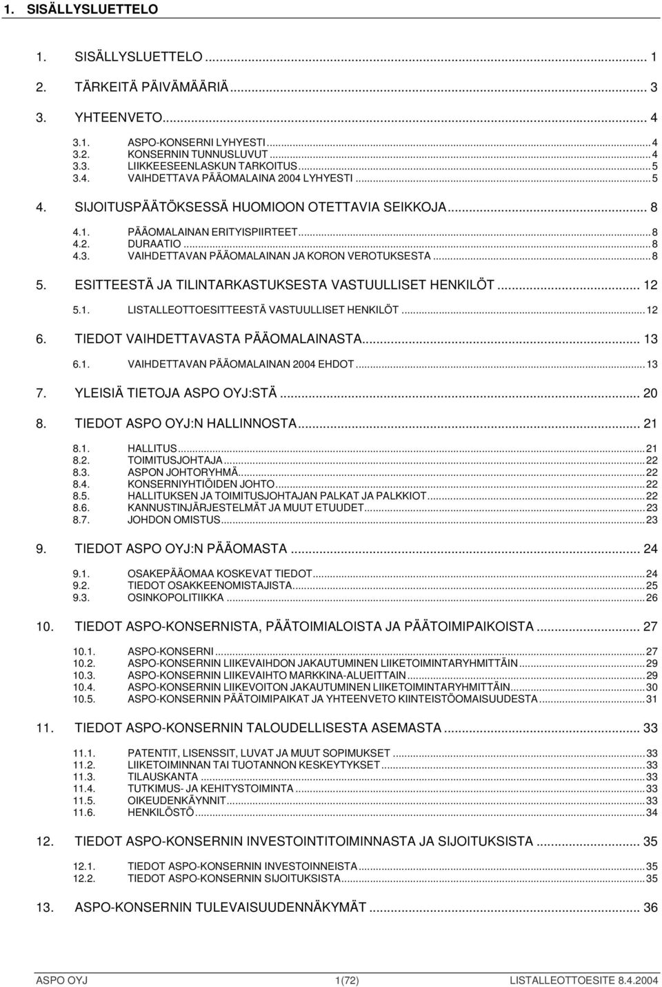 ESITTEESTÄ JA TILINTARKASTUKSESTA VASTUULLISET HENKILÖT... 12 5.1. LISTALLEOTTOESITTEESTÄ VASTUULLISET HENKILÖT...12 6. TIEDOT VAIHDETTAVASTA PÄÄOMALAINASTA... 13 6.1. VAIHDETTAVAN PÄÄOMALAINAN 2004 EHDOT.