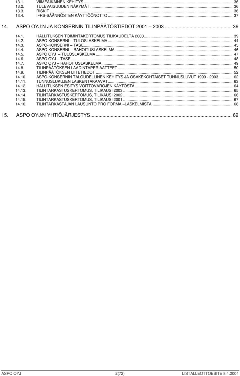 ..49 14.8. TILINPÄÄTÖKSEN LAADINTAPERIAATTEET...50 14.9. TILINPÄÄTÖKSEN LIITETIEDOT...52 14.10. ASPO-KONSERNIN TALOUDELLINEN KEHITYS JA OSAKEKOHTAISET TUNNUSLUVUT 1999-2003...62 14.11.