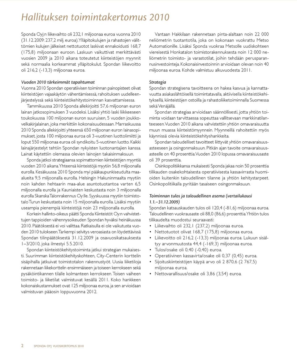 Laskuun vaikuttivat merkittävästi vuosien 2009 ja 2010 aikana toteutetut kiinteistöjen myynnit sekä normaalia korkeammat ylläpitokulut. Spondan liikevoitto oli 216,2 (-13,3) miljoonaa euroa.
